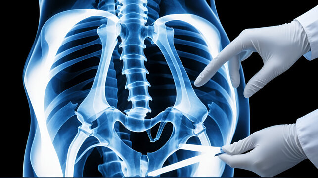 X-ray of pelvis and spinal column with doctor's hand in glove