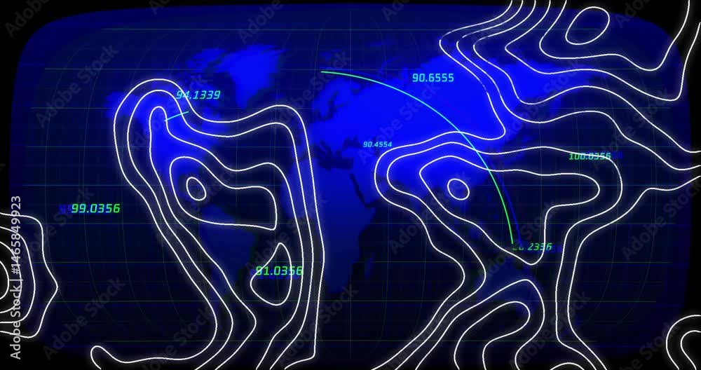 Poster stylized global map rotating with neon gridlines, numeric contours and moving trajectory line