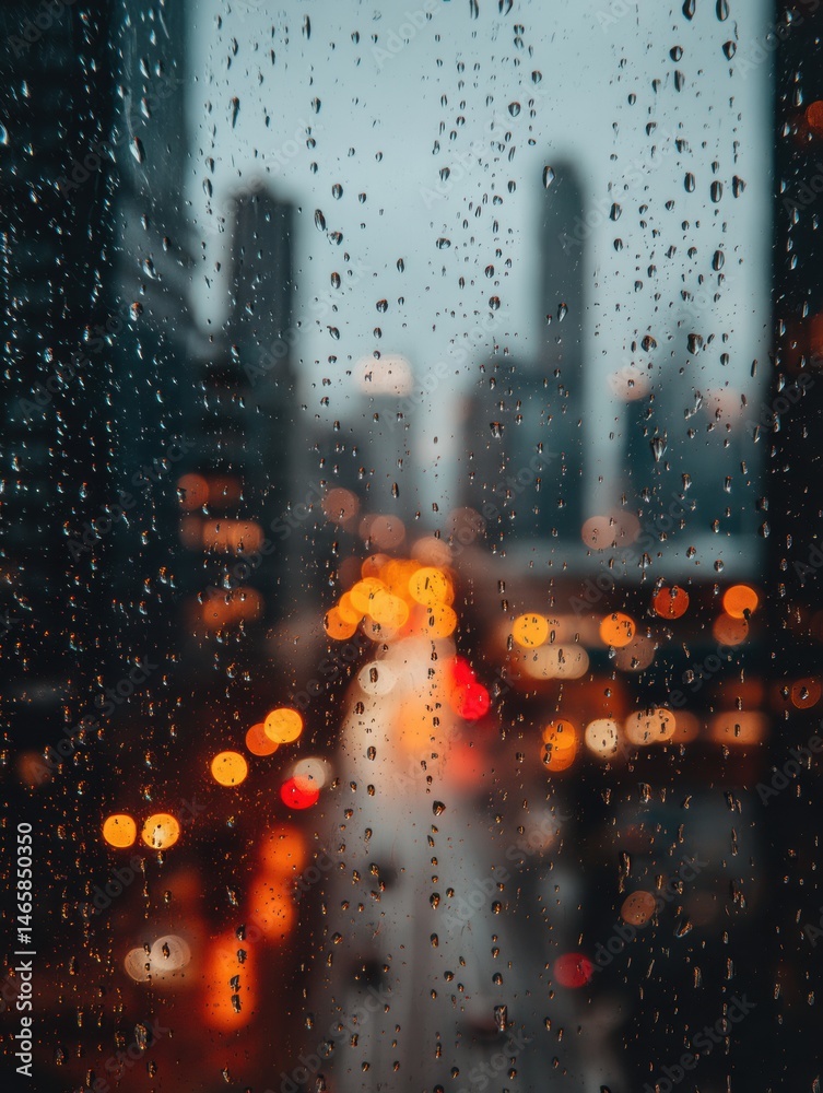 Poster raindrops on window create a whimsical view of a cityscape with warm tones during a rainy urban even