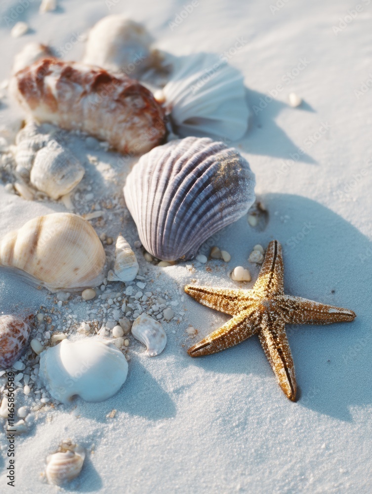 Aufkleber seashells and starfish scattered across soft pale beach sand on a sunny day generative ai