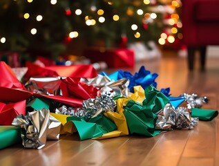 Obraz premium Festive holiday scene featuring a colorful pile of torn and crumpled gift wrap on a wooden floor, with a decorated Christmas tree and presents softly blurred in the background 