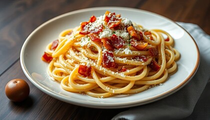 Creamy Spaghetti Carbonara with Crispy Bacon on Rustic Wooden Table
