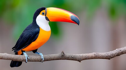 A stunning toucan perched gracefully on a branch, showcasing its vibrant beak and plumage against a lush green background, highlighting the beauty of tropical wildlife.
