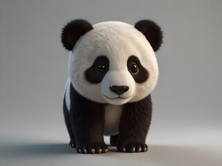 Front view of a young panda bear with black and white fur, standing on a plain gray background. Cute animal with fluffy fur and distinctive markings.