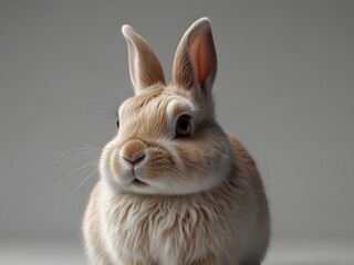 Close up of a fluffy beige rabbit with long ears and whiskers. The animal is looking forward with a neutral expression on a grey background.