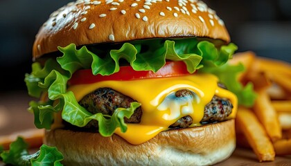 Juicy Cheeseburger with Melted Cheese and Fries on Wooden Board