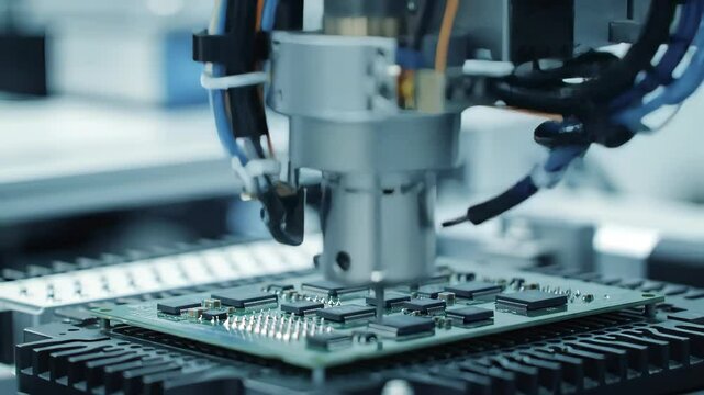 Precision Electronic Component Assembly Using Advanced Robotics in Blue Toned Background for High Tech Manufacturing and Automation