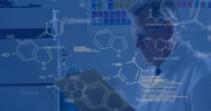 Male scientist reviewing clipboard in chem lab, showing molecules and data overlays