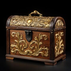 Ornate Wooden Treasure Chest with Intricate Gold Floral Designs