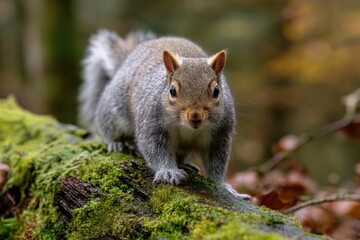 Obraz premium Squirrel Gathers Acorns on a Mossy Log During Autumn in a Serene Forest Landscape Generative AI