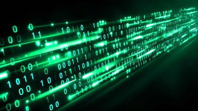 A vibrant digital background featuring glowing green binary code. The dynamic flow conveys a sense of data transmission, perfect for technology-related themes and projects.