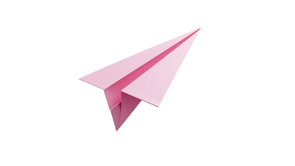 A pink paper airplane isolated on a black background ready for takeoff and flight simulation games on transparent background