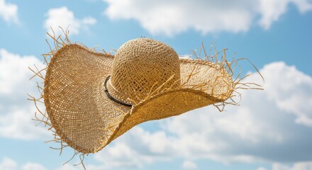 Beige Straw Hat Floating Against a Blue Sky with Fluffy White Clouds