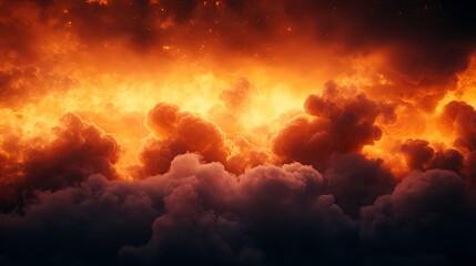 Dark orange and black background with smoke, clouds, and fire in the sky. 