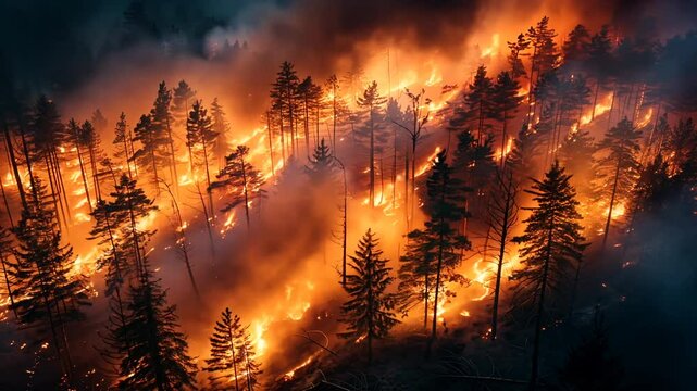 Forest Fire Spreading Rapidly Through Dense Trees