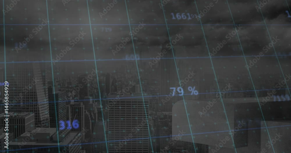 Poster skyscrapers showing translucent digital grid overlay, featuring floating numeric data labels
