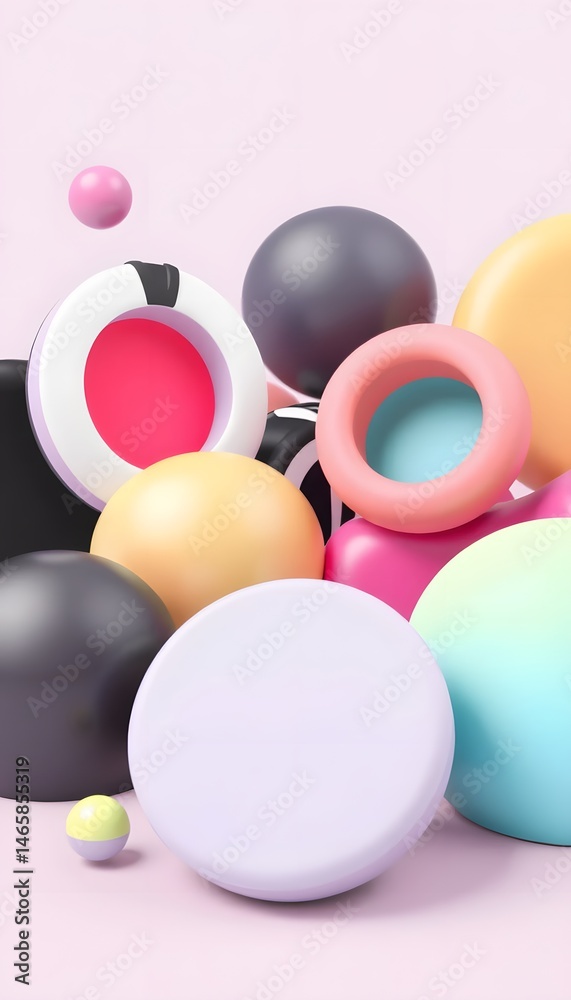 Poster funky retro shapes in 3d, black and white contrasts blend with vibrant pastel gradients. a creative 