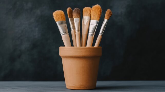 A terracotta pot holds several artist paintbrushes against a dark background.