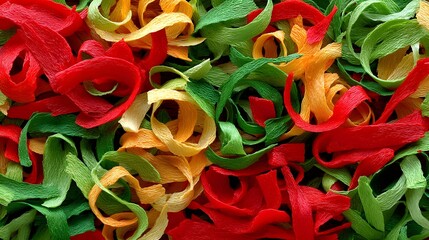 Colorful ribbons of pasta in vibrant red, green, yellow, and orange create an enticing visual for culinary presentations or food-related designs. Perfect for festive occasions.