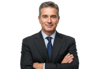 Portrait of a mature man in a suit with folded arms against isolated on transparent background