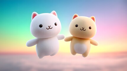 Obraz premium Two cute cat plush toys, one white and one yellow, stand cheerfully against a colorful gradient background, symbolizing friendship and joy in a whimsical, playful setting.
