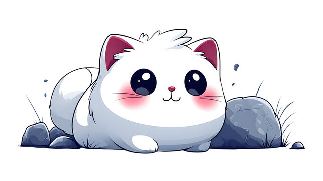 Cute Cartoon Cat with Big Eyes Sitting Among Rocks and Sprinking Water in a Whimsical Scene