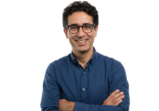 Man with glasses and blue shirt posing with arms crossed against isolated on transparent background