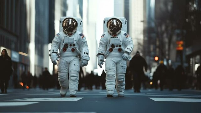 Astronauts Strolling Along City Streets A Vibrant and Futuristic Urban Scene Full of Surreal Imagination