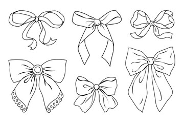 Set of hand drawn bows for coloring book. White design elements with black outline. Perfect for festive wedding celebration and birthday party decorations, coloring book or greeting cards. Vector