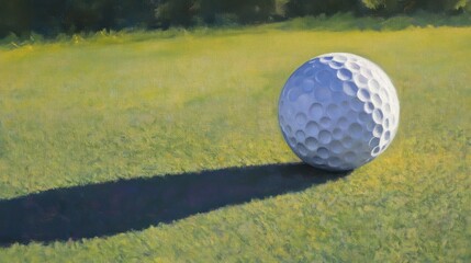 A close-up of a golf ball on the green near the hole, showing its detailed texture and shadow cast by the bright afternoon sun