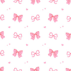 Cute seamless pattern with playful pink ribbon bows on white background. Hand drawn vector illustration. Perfect for wedding design, party decoration, gift wrapping paper and textile