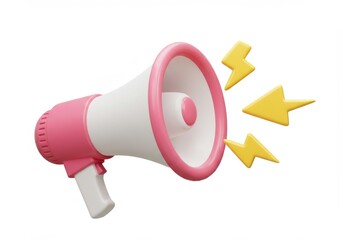 A pink and white megaphone with yellow lightning bolt accents near isolated on white background