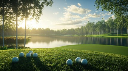 A set of golf balls lined up on the tee box before a game, with a serene golf course and distant trees forming a tranquil backdrop.