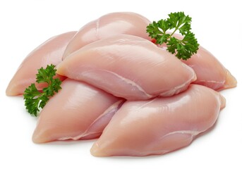 Pile of fresh chicken breasts decorated with green parsley sprigs isolated on white background