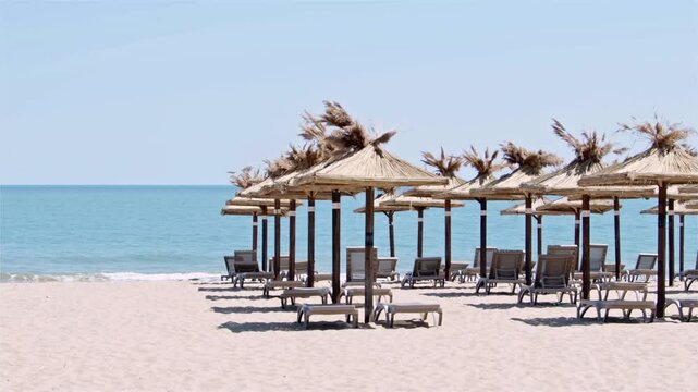 Empty Wooden Umbrellas on Ocean Beach in Early Morning in Summer Footage.