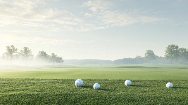 A set of golf balls lined up on the tee box before a game, with a serene golf course and distant trees forming a tranquil backdrop.