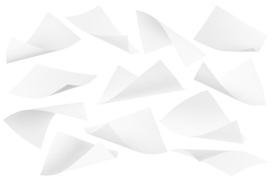 pile blank white paper flying, empty note leaf or leaflet in motion mockup, sheet falls and twists isolated on white with clipping path.