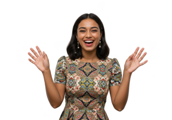 Excited woman with patterned dress smiles broadly and raises her hands in a gesture of celebration isolated on transparent background
