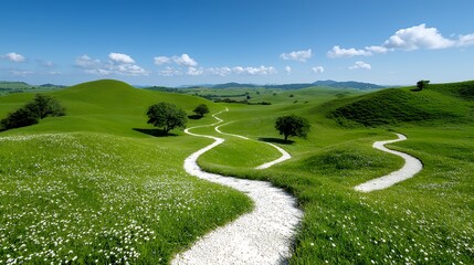 Naklejka premium Winding Path Through Green Rolling Hills Under a Blue Sky Landscape