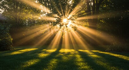 Golden Sunbeams Through Leaves Illuminating Green Grass