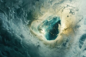 Fototapeta premium A mesmerizing cosmic nebula, swirling teal and gold gases reveal a star-studded void within its ethereal embrace.