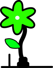 Bold illustration of a bright green flower with a black stem and leaf, standing on abstract ground shapes.