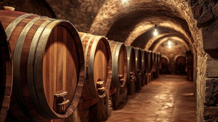 A wine cellar filled with aged wooden barrels and dim lighting, showcasing the traditional process of aging fine wine, with a focus on the rich textures of wood and stone.