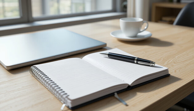 Minimalist workspace composition featuring notebook, laptop and a warm cup of coffee