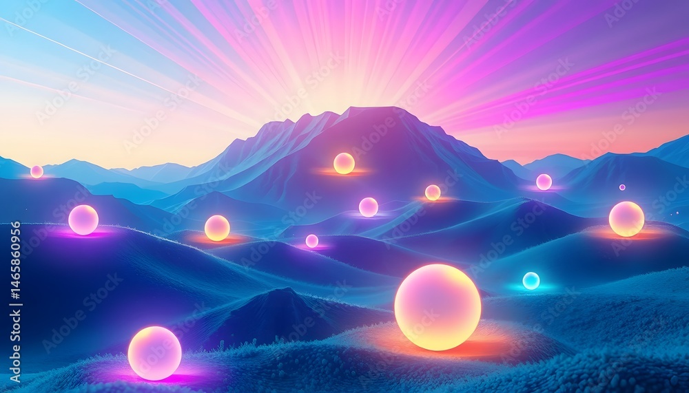 Leinwandbilder glowing spheres, abstract digital world. vibrant light rays project across the virtual terrain. lumi