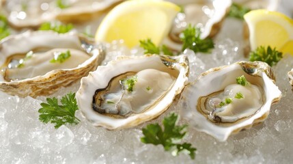 A close-up of freshly shucked large oysters on a bed of crushed ice, garnished with lemon wedges and parsley, with water droplets glistening under soft lighting.