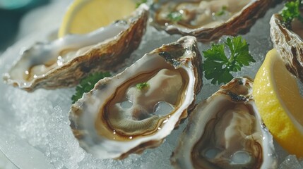 A close-up of freshly shucked large oysters on a bed of crushed ice, garnished with lemon wedges and parsley, with water droplets glistening under soft lighting.