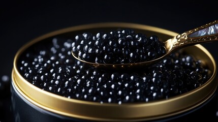 A close-up of luxurious black caviar in a gold tin, with a mother-of-pearl spoon scooping the glossy pearls, set against a dark, elegant background.