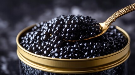 A close-up of luxurious black caviar in a gold tin, with a mother-of-pearl spoon scooping the glossy pearls, set against a dark, elegant background.