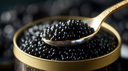 A close-up of luxurious black caviar in a gold tin, with a mother-of-pearl spoon scooping the glossy pearls, set against a dark, elegant background.